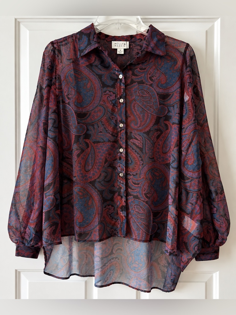 Molly Bracken Blue Burgundy Paisley Sheer High Low Blouse NWT M #1171